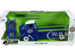 1947 Ford COE Flatbed Truck Dark Blue Metallic White Top The Famous Motor Cars Extra Wheels Just Trucks Series 1/24 Diecast Model Jada 33853