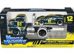1950 Ford COE Flatbed Truck #61 1966 Ford GT40 MK II #61 Green Metallic Yellow Stripes Muscle Transports Series 1/64 Diecast Model Cars Muscle Machines 11547