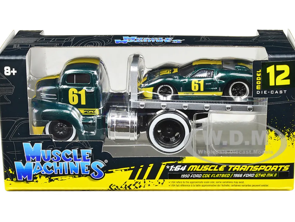 1950 Ford COE Flatbed Truck #61 1966 Ford GT40 MK II #61 Green Metallic Yellow Stripes Muscle Transports Series 1/64 Diecast Model Cars Muscle Machines 11547