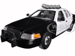 1999 Ford Crown Victoria Unmarked Police Car Black/White In Display Case with Light Bar and Push Bar 1/24 Diecast Model Car Welly SH2082S-BSW
