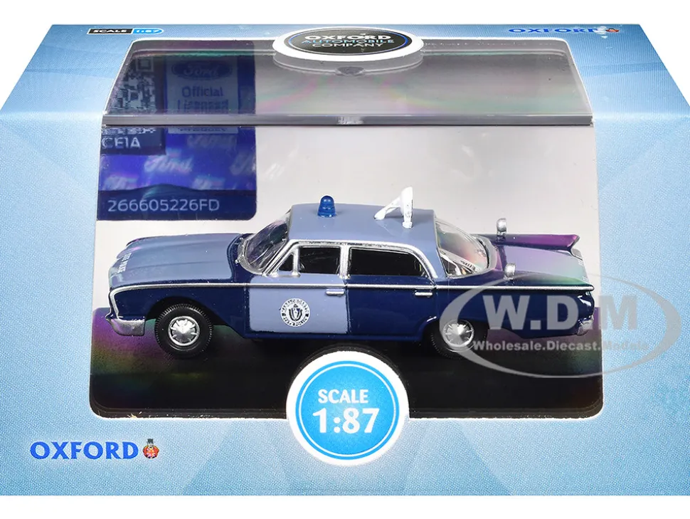 1960 Ford Fairlane Sedan "Massachusetts State Police Radar Car" Blue Two-Tone 1/87 (HO) Scale Diecast Model Car by Oxford Diecast
