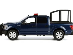 2019 Ford F-150 Lariat Crew Cab Pickup Truck with Bed Cage Dark Blue with Flashing Light Bar and Front and Rear Lights and Sounds 1/27 Diecast Model Car by Motormax