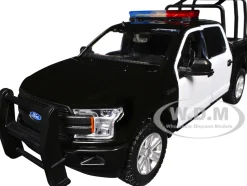 2019 Ford F-150 Lariat Crew Cab Pickup Truck with Bed Cage Black and White with Flashing Light Bar and Front and Rear Lights and Sounds 1/27 Diecast Model Car by Motormax