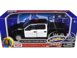 2019 Ford F-150 Lariat Crew Cab Pickup Truck with Bed Cage Black and White with Flashing Light Bar and Front and Rear Lights and Sounds 1/27 Diecast Model Car by Motormax