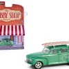 1946 Ford Fordor Super Deluxe Green Metallic with White Interior and Roof Rack with Surfboards "The Hobby Shop" Series 16 1/64 Diecast Model Car by Greenlight