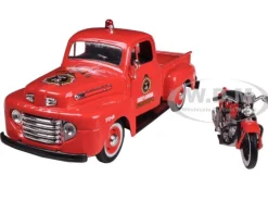 1948 Ford F-1 Pickup Truck Harley Davidson Fire With 1936 El Knucklehead Harley Davidson Motorcycle 1/24 Diecast Model Maisto 32191