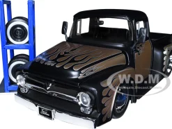 1956 Ford F-100 Pickup Truck Matt Black Champagne with Flames Extra Wheels Just Trucks Series 1/24 Diecast Model Car Jada 34026