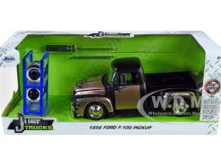 1956 Ford F-100 Pickup Truck Matt Black Champagne with Flames Extra Wheels Just Trucks Series 1/24 Diecast Model Car Jada 34026