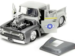 1956 Ford F-100 Pickup Truck Tan and Gray Metallic and Guile Diecast Figure Street Fighter Video Game Anime Hollywood Rides Series 1/24 Diecast Model Car Jada 34373
