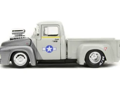1956 Ford F-100 Pickup Truck Tan and Gray Metallic and Guile Diecast Figure Street Fighter Video Game Anime Hollywood Rides Series 1/24 Diecast Model Car Jada 34373