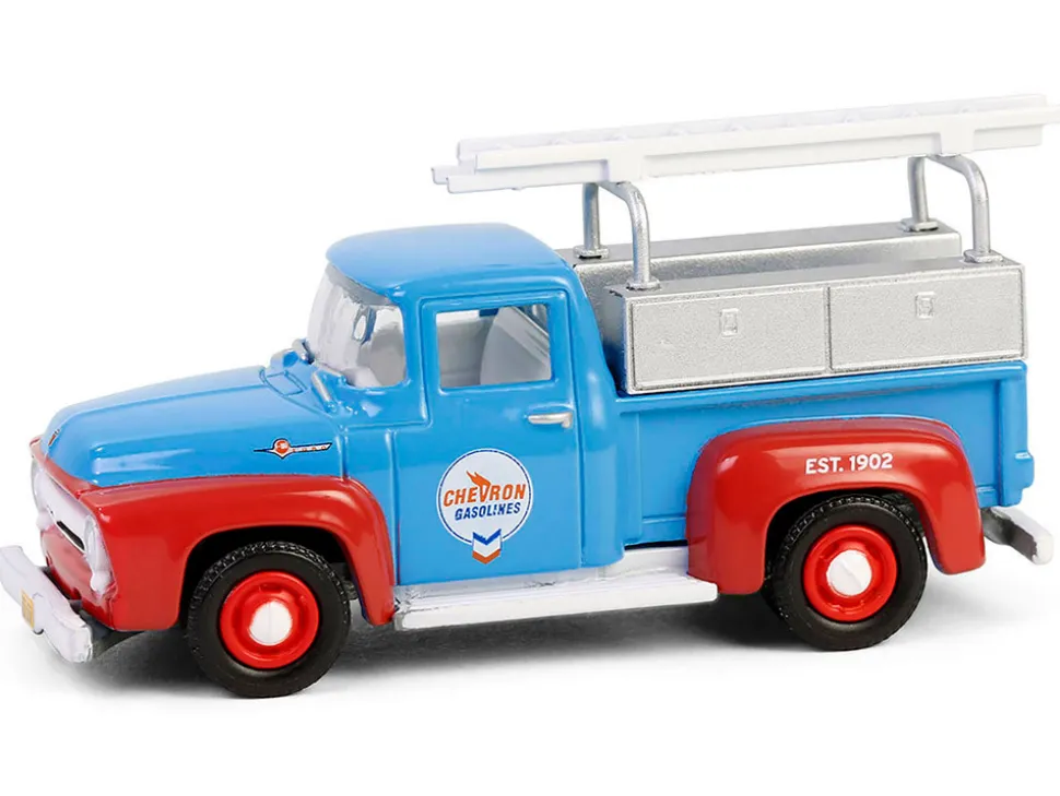 1956 Ford F-100 Pickup Truck with Tool Boxes and Ladders "Chevron" Blue and Red "Chevron Special Edition" Series 1 1/64 Diecast Model Car by Greenlight