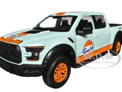 2017 Ford F 150 Raptor Pickup Truck Light Blue with Orange Stripes Gulf Oil Gulf Die Cast Collection 1/27 Diecast Model Car Motormax 79665GULF