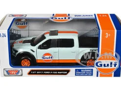 2017 Ford F 150 Raptor Pickup Truck Light Blue with Orange Stripes Gulf Oil Gulf Die Cast Collection 1/27 Diecast Model Car Motormax 79665GULF
