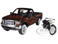 1999 Ford F-350 Super Duty Pickup 1/27 Black with Flames & 2002 FLSTB Night Train Harley Davidson 1/24 Maisto 32181