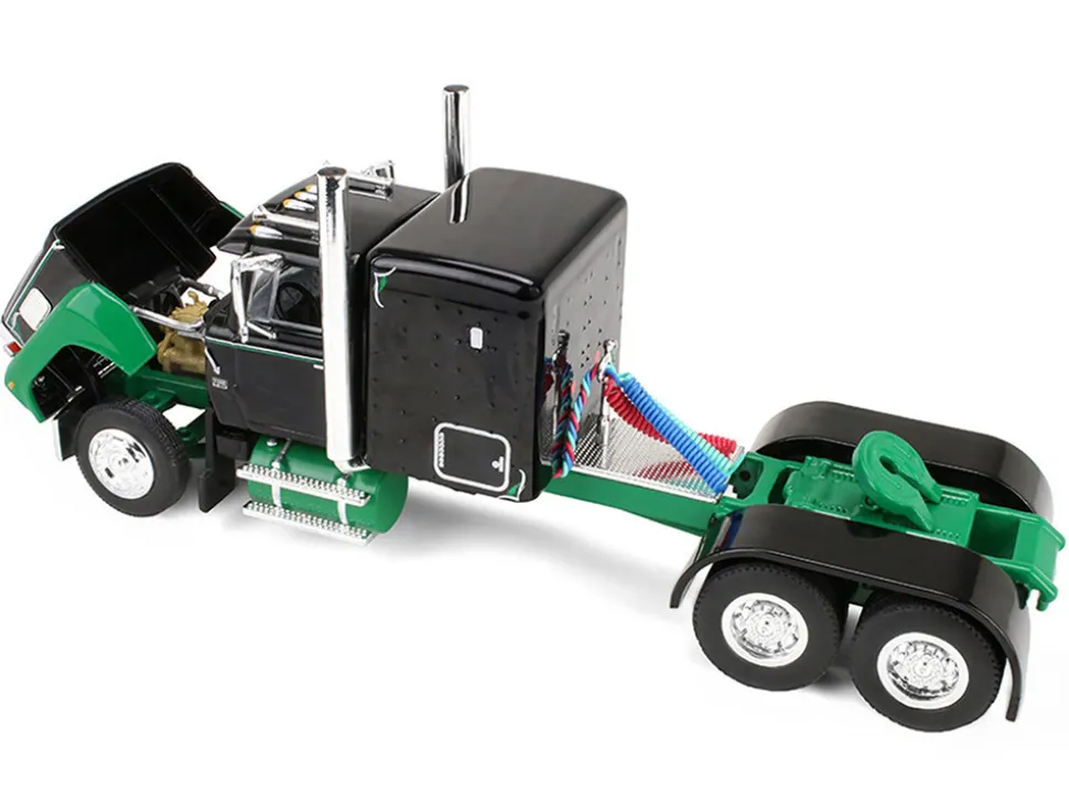 Ford LTL 9000 with 60" Flat Top Sleeper and 45' Wilson Vintage Livestock Trailer Black and Green 1/64 Diecast Model by DCP/First Gear