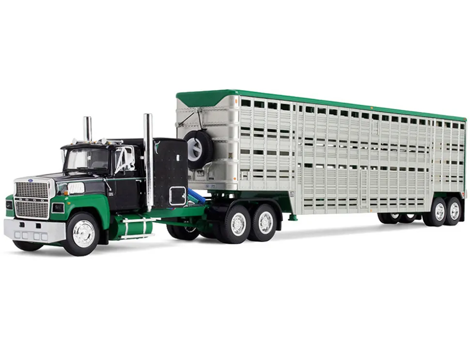 Ford LTL 9000 with 60" Flat Top Sleeper and 45' Wilson Vintage Livestock Trailer Black and Green 1/64 Diecast Model by DCP/First Gear