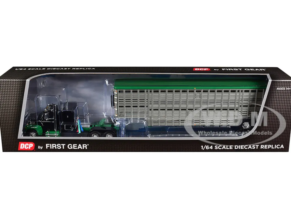 Ford LTL 9000 with 60" Flat Top Sleeper and 45' Wilson Vintage Livestock Trailer Black and Green 1/64 Diecast Model by DCP/First Gear