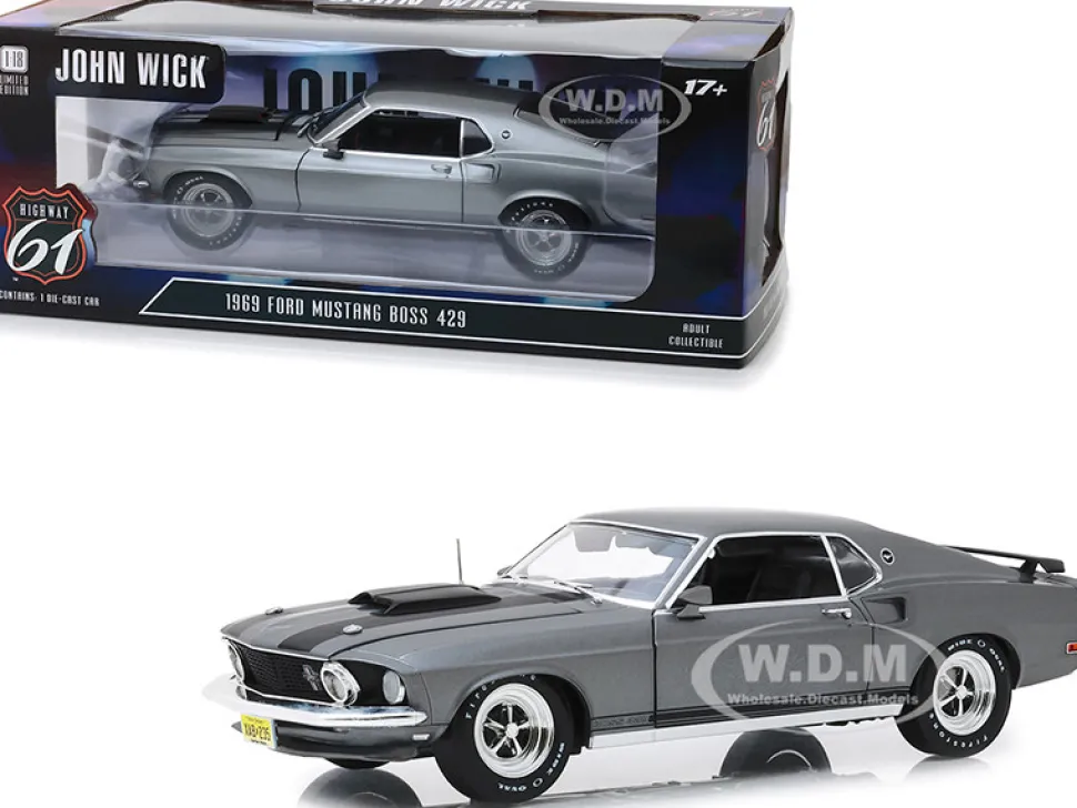 1969 Ford Mustang BOSS 429 Gray Black Stripes John Wick 2014 Movie 1/18 Diecast Model Car Highway 61 18016