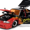 1989 Ford Mustang GT Black with Red Flame Graphics and Chester Cheetah Diecast Figure "Cheetos Flamin' Hot" "Hollywood Rides" Series 1/24 Diecast Model Car by Jada