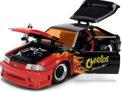 1989 Ford Mustang GT Black with Red Flame Graphics and Chester Cheetah Diecast Figure "Cheetos Flamin' Hot" "Hollywood Rides" Series 1/24 Diecast Model Car by Jada