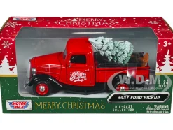 1937 Ford Pickup Truck Red and Black Merry Christmas with Tree Accessory 1/24 Diecast Model Car Motormax 73233RBIXMT