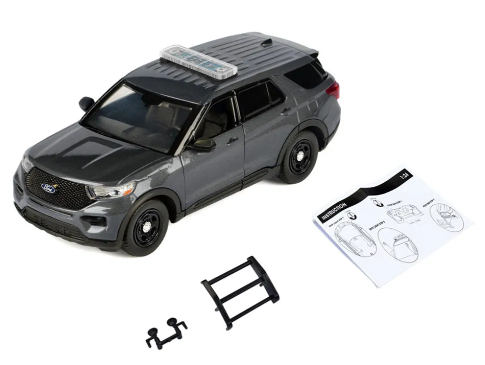 2022 Ford Police Interceptor Utility Dark Gray Metallic "Builder's Kit" with Flashing Light Bar and Front and Rear Lights and Sounds 1/24 Diecast Model Car by Motormax