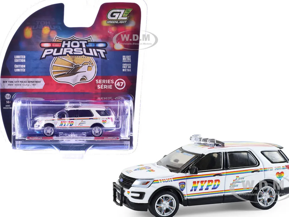 2016 Ford Police Interceptor Utility "New York Police Department (NYPD) Pride Livery" White with Rainbow Stripes "Hot Pursuit" Series 47 1/64 Diecast Model Car by Greenlight