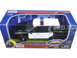 2015 Ford Police Interceptor Utility Black White Flashing Light Bar Front Rear Lights 2 Sounds 1/24 Diecast Model Car Motormax 79536