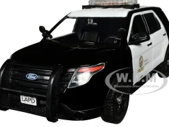 2015 Ford Police Interceptor Utility Black and White Los Angeles Police Department LAPD with Flashing Light Bar and Front and Rear Lights and Sounds 1/24 Diecast Model Car Motormax 79540