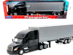 Freightliner Cascadia Truck Black with Silver Container "Transporter" Series 1/32 Diecast Model by Welly