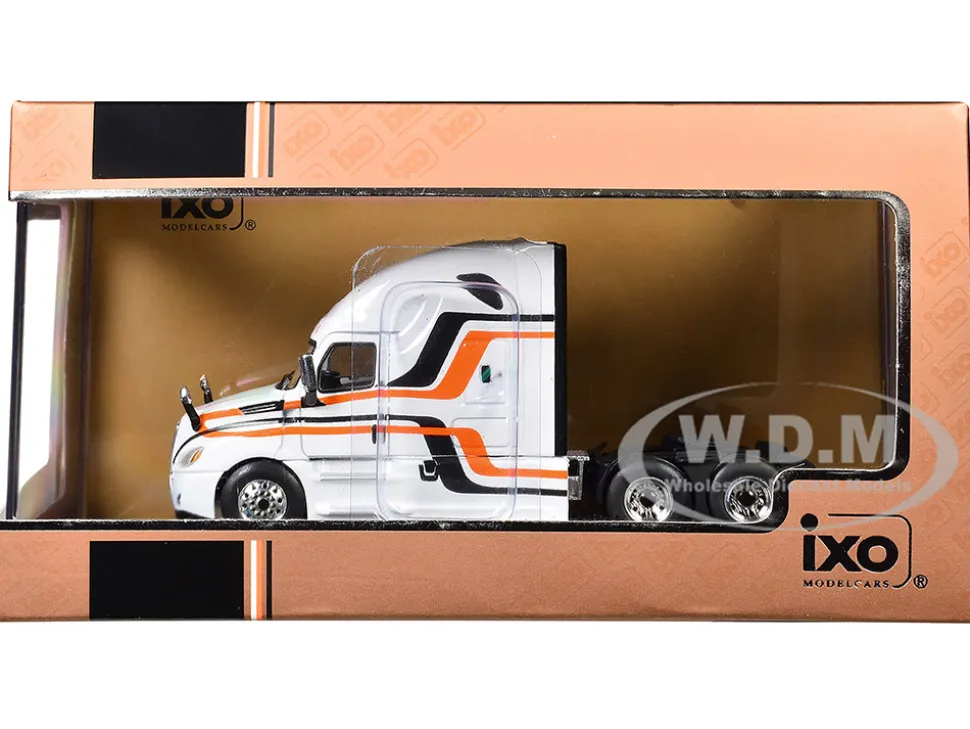 2018 Freightliner Cascadia Truck Tractor White with Black and Orange Stripes 1/64 Diecast Model by IXO Models