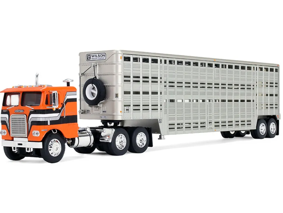 Freightliner COE and 45' Wilson Vintage Livestock Trailer Orange with Stripes 1/64 Diecast Model by DCP/First Gear