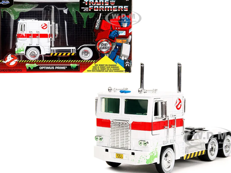 G1 Autobot Optimus Prime Truck White with Robot on Chassis from Transformers TV Series Ghostbusters 1984 Movie Crossover Hollywood Rides Series 1/24 Diecast Model Jada 35572