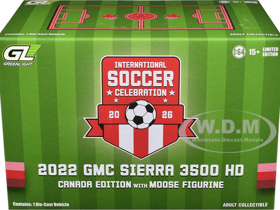 2022 GMC Sierra 3500 HD Pickup Truck Dark Red with Canadian Soccer Graphics with Moose Figure "International Soccer Celebration '26" Series 1/64 Diecast Model Car by Greenlight
