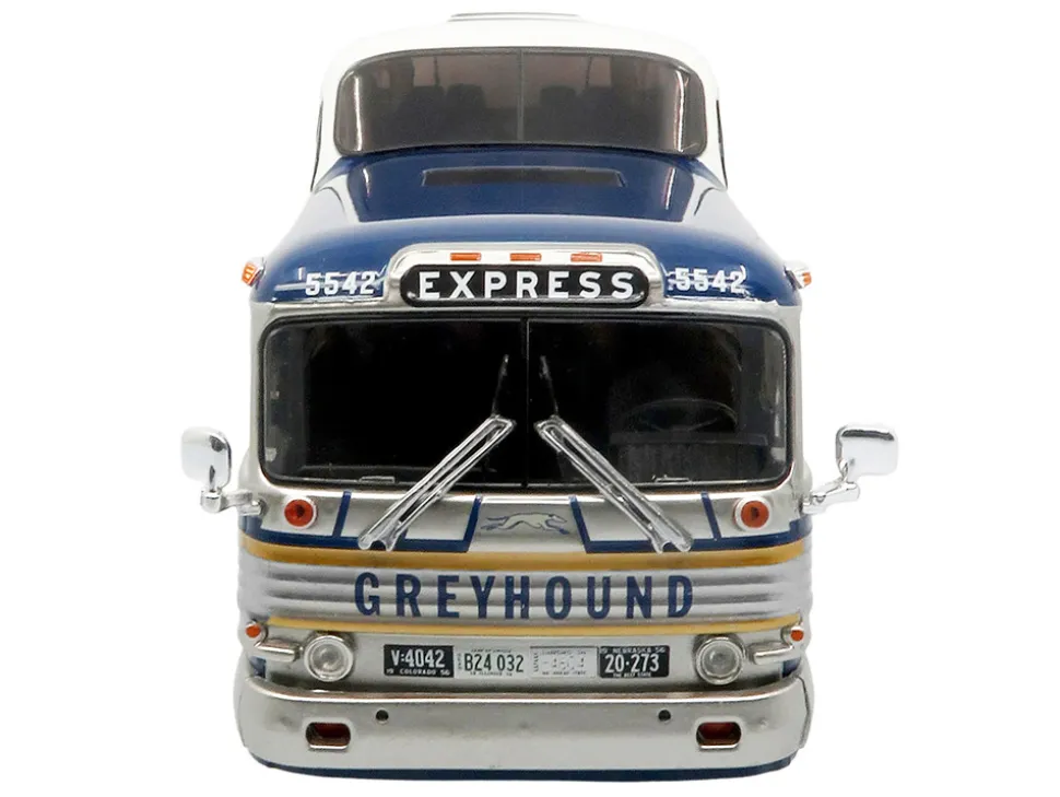 GM PD-4501 Scenicruiser Coach Bus "Greyhound Bus Lines - 50th Anniversary" Raw Metal with Blue and White Top and Gold Stripes "The Bus & Motorcoach Collection" 1/43 Plastic Model by Iconic Replicas