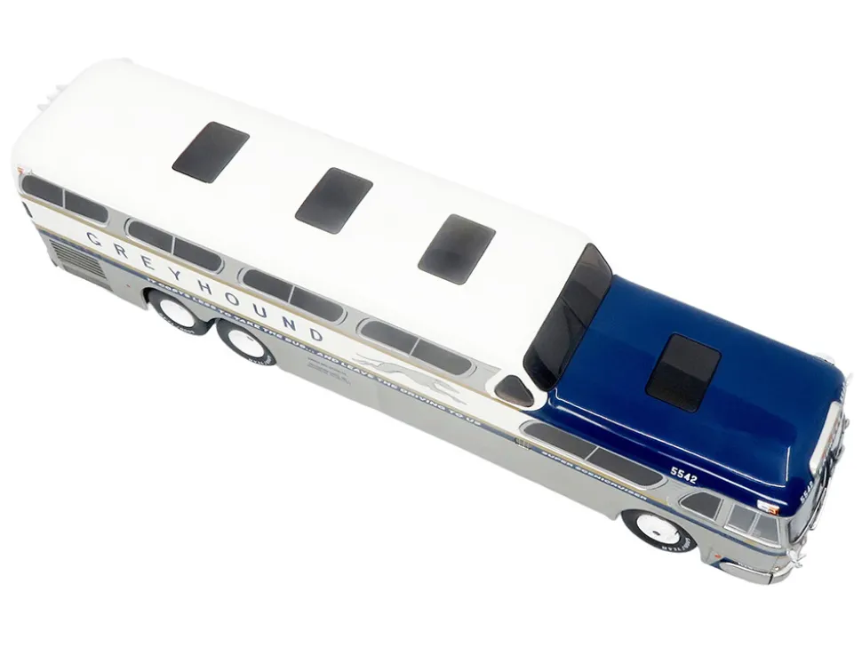 GM PD-4501 Scenicruiser Coach Bus "Greyhound Bus Lines - 50th Anniversary" Raw Metal with Blue and White Top and Gold Stripes "The Bus & Motorcoach Collection" 1/43 Plastic Model by Iconic Replicas