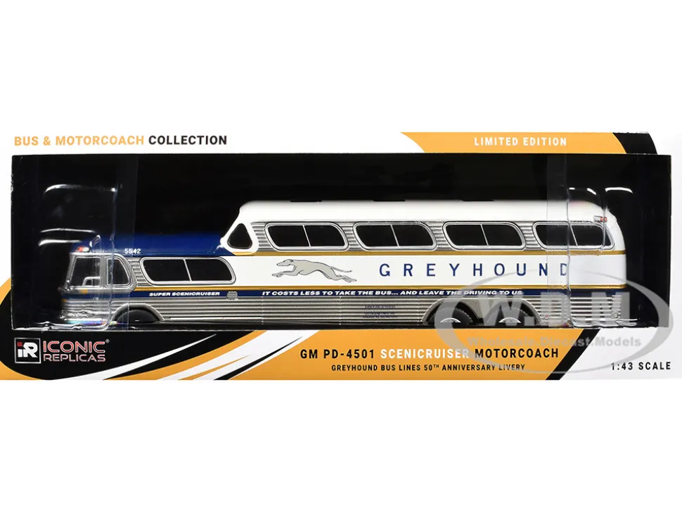 GM PD-4501 Scenicruiser Coach Bus "Greyhound Bus Lines - 50th Anniversary" Raw Metal with Blue and White Top and Gold Stripes "The Bus & Motorcoach Collection" 1/43 Plastic Model by Iconic Replicas