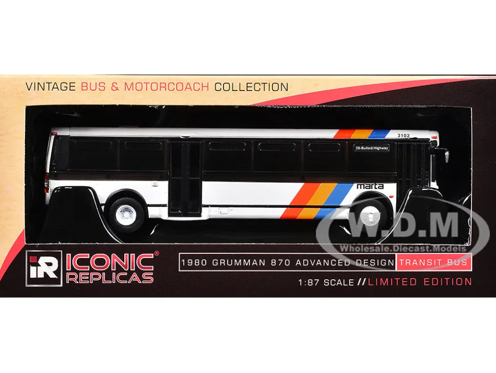 1980 Grumman 870 Advanced Design Transit Bus "MARTA Atlanta" White with Stripes "Vintage Bus & Motorcoach Collection" Limited Edition 1/87 (HO) Diecast Model by Iconic Replicas