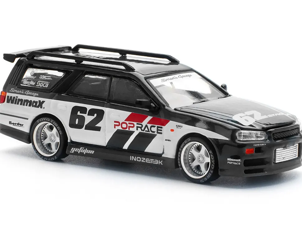 GT-R Stagea RHD (Right Hand Drive) #62 "Simon's Garage" Black with White Sides 1/64 Diecast Model Car by Pop Race
