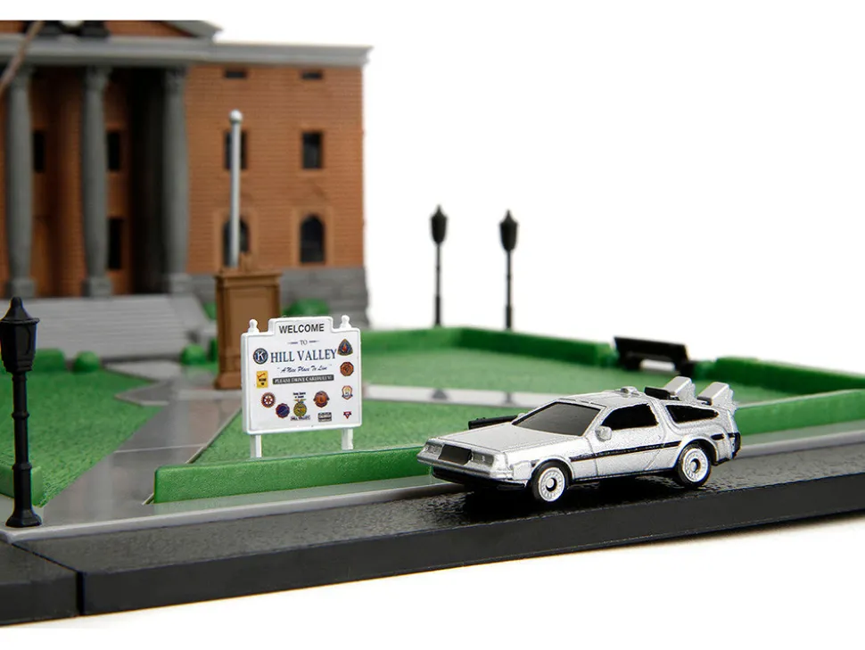 Hill Valley Courthouse Diorama with Black Pickup Truck and Delorean "Back to the Future" (1985) Movie "Nano Scene" Series Model by Jada