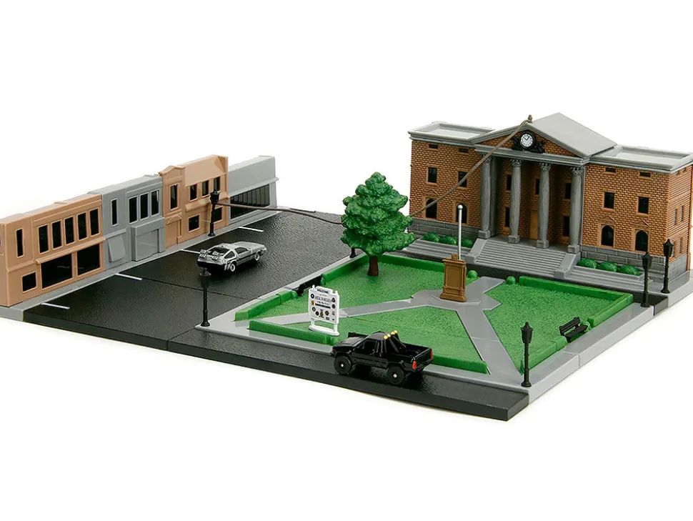 Hill Valley Courthouse Diorama with Black Pickup Truck and Delorean "Back to the Future" (1985) Movie "Nano Scene" Series Model by Jada