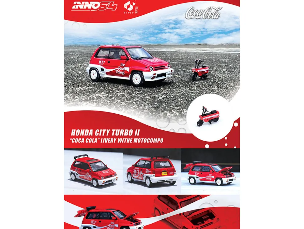 Honda City Turbo II RHD Right Hand Drive Red and White Coca Cola with Honda Motocompo Scooter 1/64 Diecast Model Car Inno Models COKE058