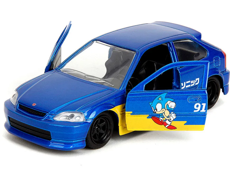 1997 Honda Civic Type R Blue Metallic with Graphics "Sonic the Hedgehog" (1991) Video Game "Hollywood Rides" Series 1/32 Diecast Model Car by Jada