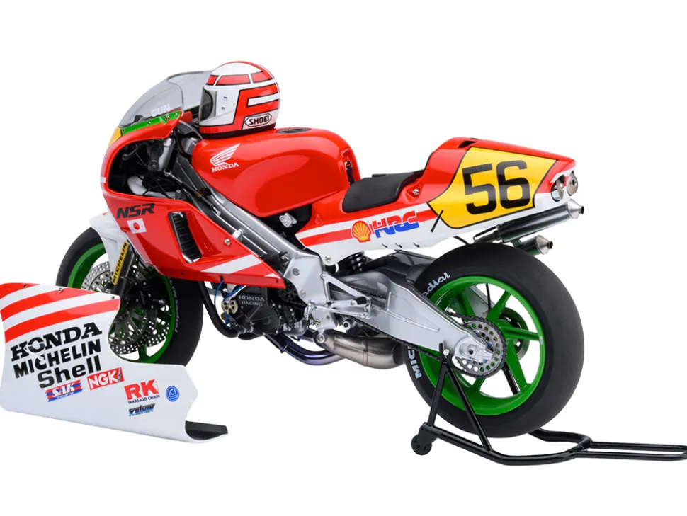 Honda NSR500 WGP500 Motorcycle #56 Red and White with Helmet "Baribari Legend" (1986) OVA 1/12 Model by Autoart