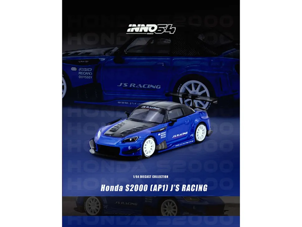 Honda S2000 RHD (Right Hand Drive) "J's Racing" Blue Metallic with Carbon Hood and Top 1/64 Diecast Model Car by Inno Models