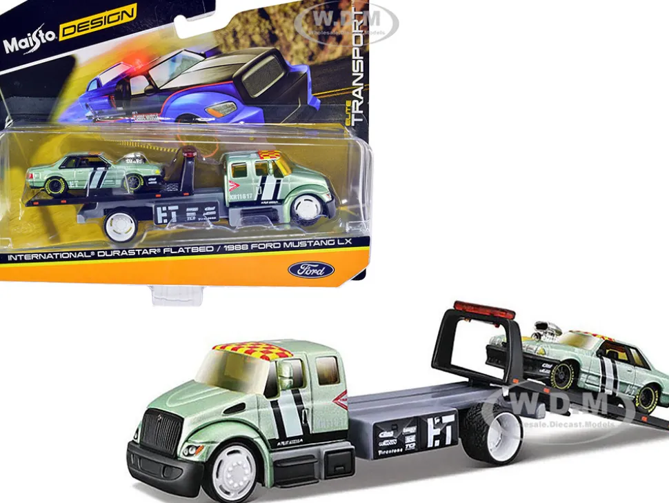 International DuraStar Flatbed Truck #17 and 1988 Ford Mustang LX #17 Light Green Metallic with Stripes and Graphics Elite Transport Series 1/64 Diecast Models Maisto 15055-22B