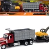 International Lonestar Dump Truck Red and Tracked Excavator Yellow with Flatbed Trailer Long Haul Truckers Series 1/43 Diecast Model New Ray 16623