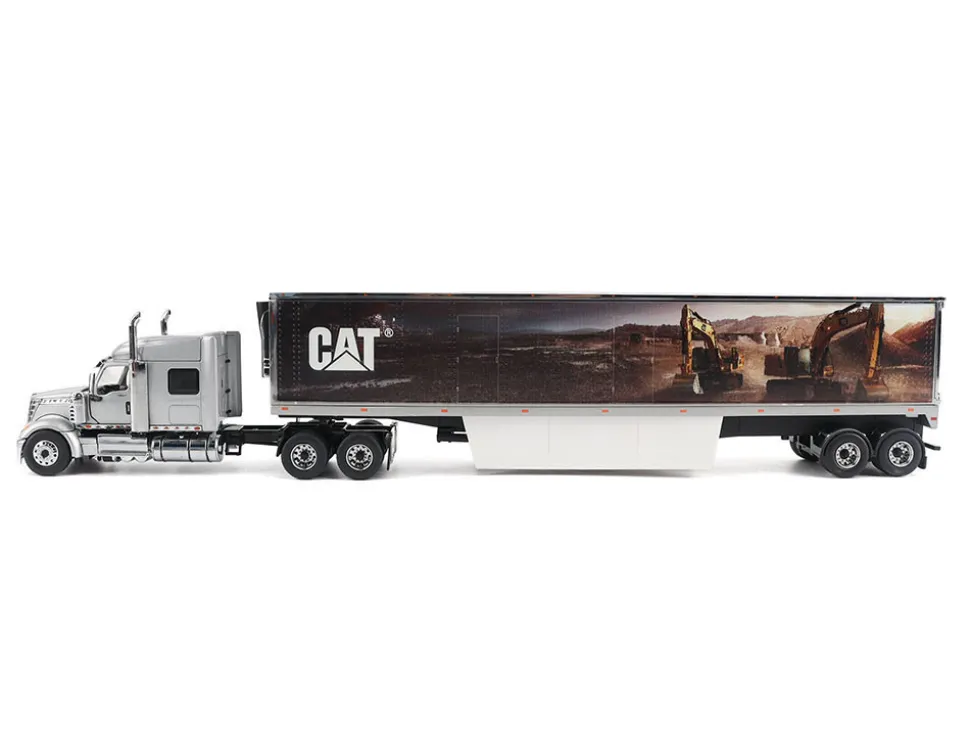 International Lonestar Truck with Sleeper Silver Metallic with "CAT Caterpillar" Mural Trailer "Transport Series" 1/50 Diecast Model by Diecast Masters