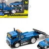 JDM Flatbed Truck #5 Blue Metallic Liberty Walk LBWK and 1999 Nissan Skyline GT R R34 #5 Blue Metallic Liberty Walk LBWK Muscle Transports Series 1/64 Diecast Models Muscle Machines 11546BL