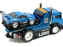 JDM Flatbed Truck #5 Blue Metallic Liberty Walk LBWK and 1999 Nissan Skyline GT R R34 #5 Blue Metallic Liberty Walk LBWK Muscle Transports Series 1/64 Diecast Models Muscle Machines 11546BL